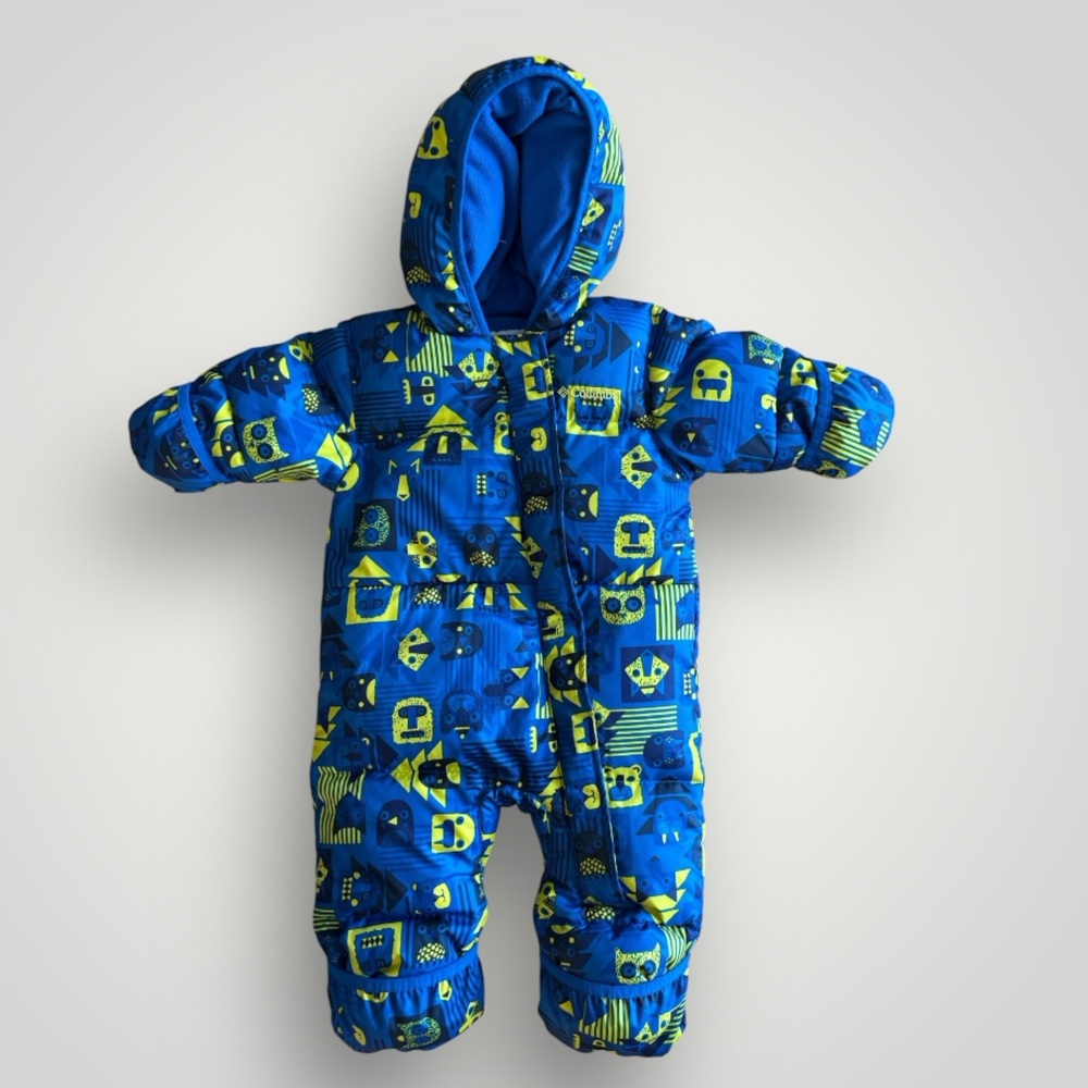 Columbia Blue and Neon Yellow Printed Puffer One-Piece Snowsuit